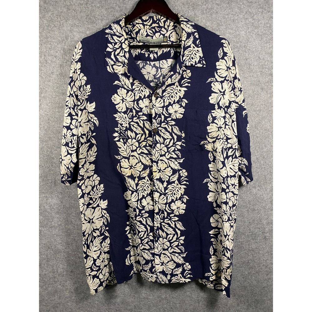 Pineapple Connection Hawaiian Shirt Mens Large Navy Blue Floral Rayon Button Up